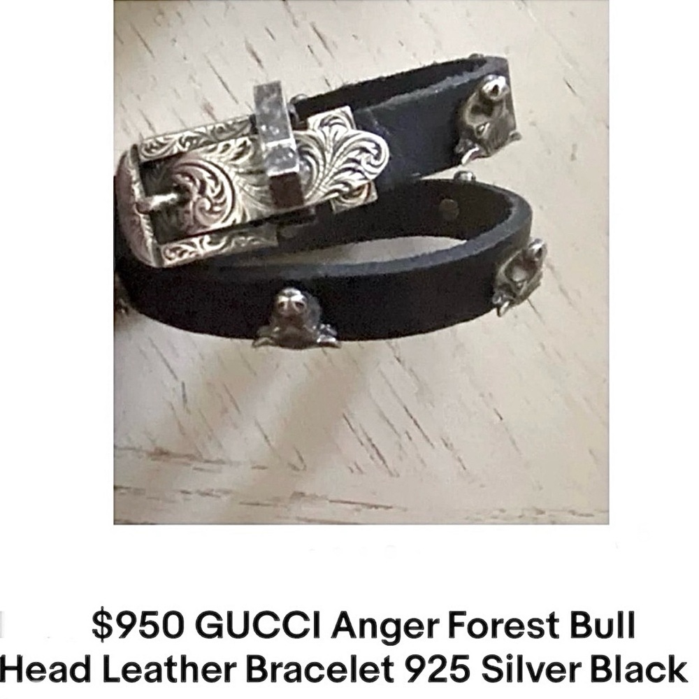 Gucci sterling silver anger forest bull head black leather choker/ double wrap - Picture 4 of 15